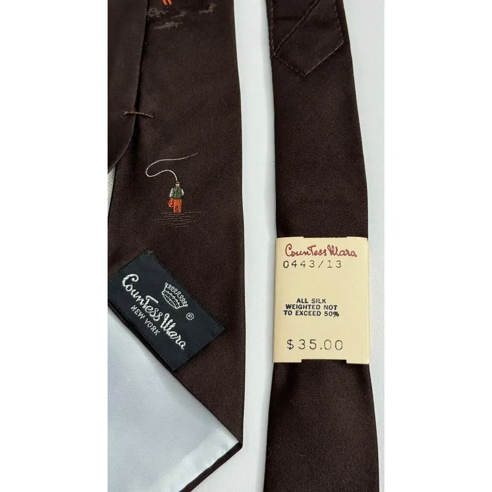 1950s Countess Mara Brown Silk Fisherman Novelty Tie Wide Necktie NWT